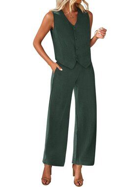 Women's Dark Green Polyester Two Piece Button V Neck Wide Leg Pants Suit Blazer